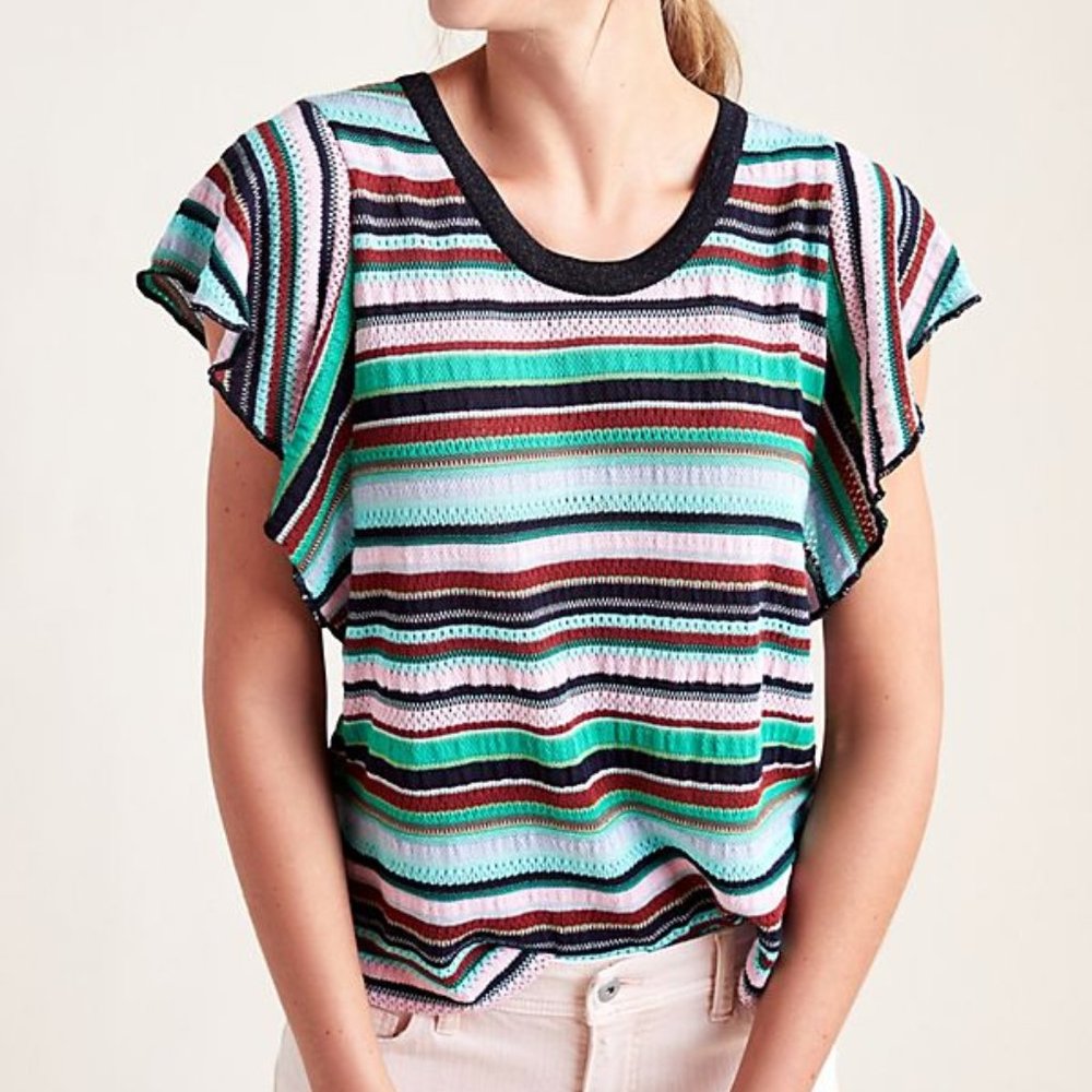 ANTHROPOLOGIE Aldomartins palma Sweater Top S Small Flutter Sleeve Stripe